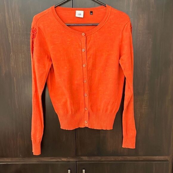 Cabi Orange Lace Cut Out Sleeve Button Up Cardigan Sweater Small #3123 - Picture 2 of 6